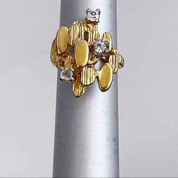 Vintage 18K HGE CZ Abstract Nugget Brutalist Ring Sz 5 Cocktail Statement Ring - Picture 7 of 13